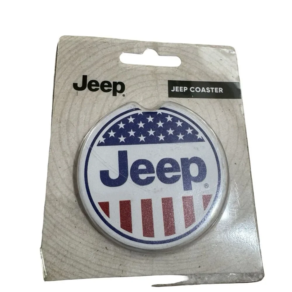 NIP Jeep Logo Car Cup Holder Coaster Set Of 2 Red White And Blue Flag American